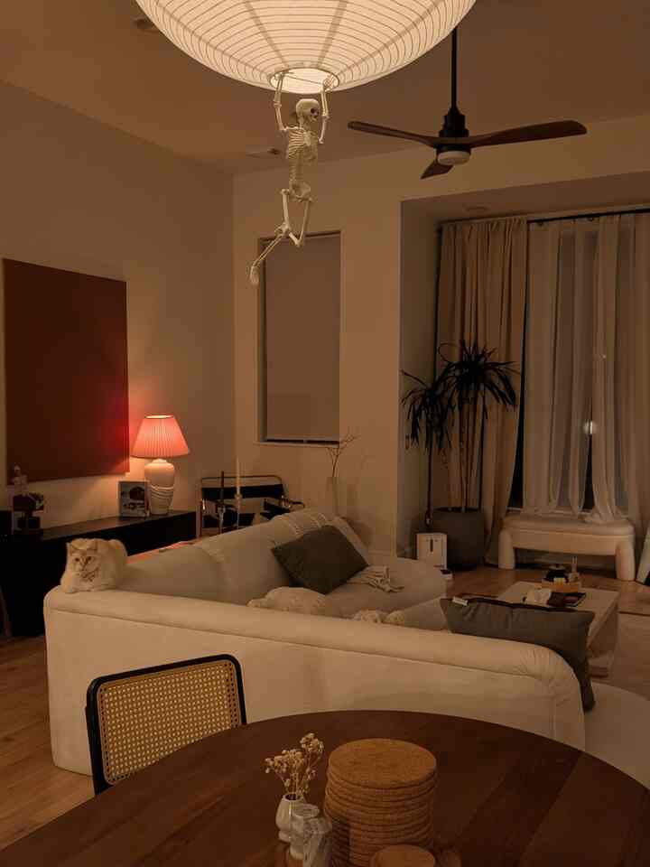 Warm natural-toned living room featuring a white sofa with a cat, Halloween skeleton hanging decoration, and cozy ambient lighting
