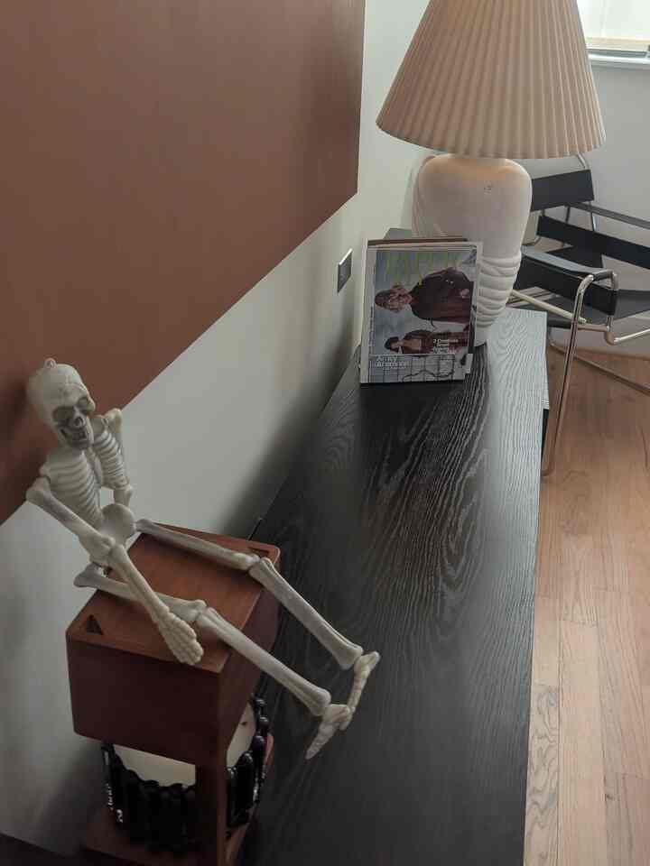Black furniture and a skeleton decor objet in a dining room-like space with natural light and calm atmosphere
