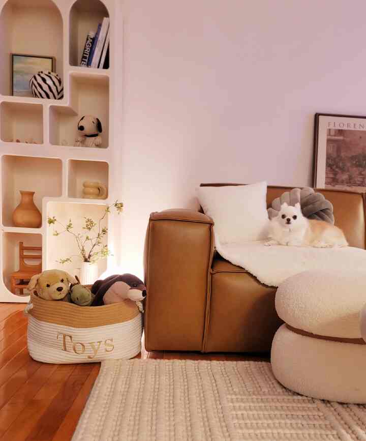 Natural beige and brown toned living room featuring a brown leather sofa, ivory rug, and a small dog resting comfortably