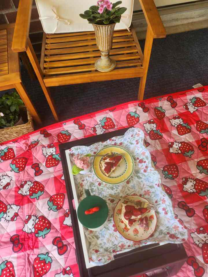 Bright wood-tone backyard featuring Hello Kitty patterned placemat and strawberry tart in a home cafe setup
