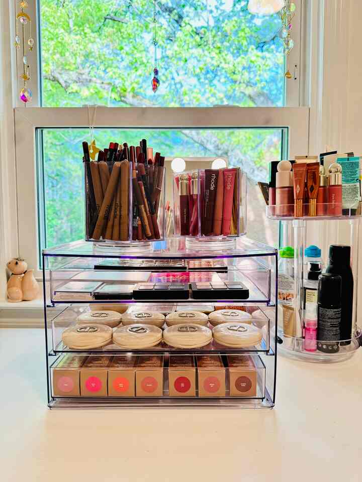 There’s just something so satisfying about organized makeup in clear containers—pretty and practical! I love how the colors of my products shine through and add a playful, aesthetic touch to my all-white room. It keeps everything visible, easy to grab, and totally vibe-checked.

#organize #Organized #Organizecosmetics #cleaning #spring #Cosmeticorganizer #storagebox #storageorganization #storage 
