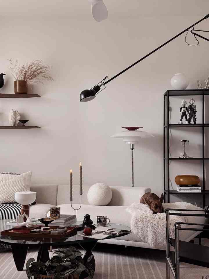 Cream natural tone living room featuring modern sofa and floor lamp with a dog resting on the sofa, creating a cozy atmosphere