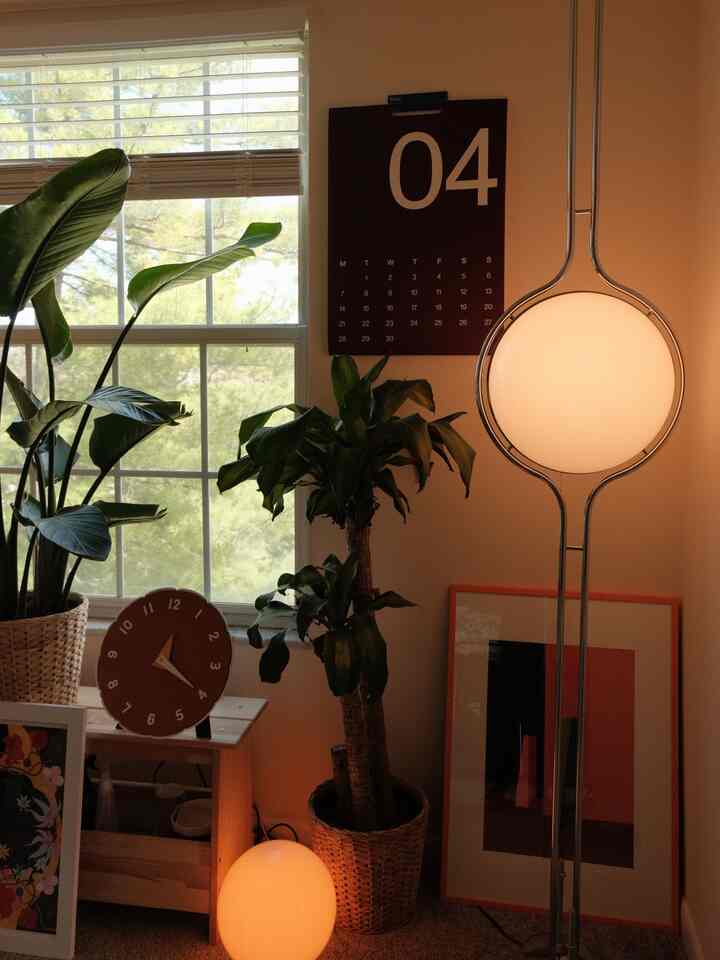 Warm orange-toned dining room featuring floor lamps, clocks, and potted plants in a cozy atmosphere