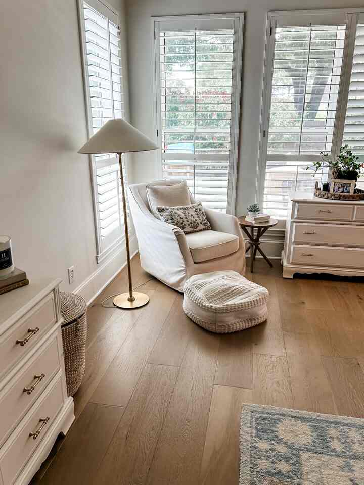 Reading nook in our bedroom #gliderchair #empirelamp #primarybedroom #lightandairy 