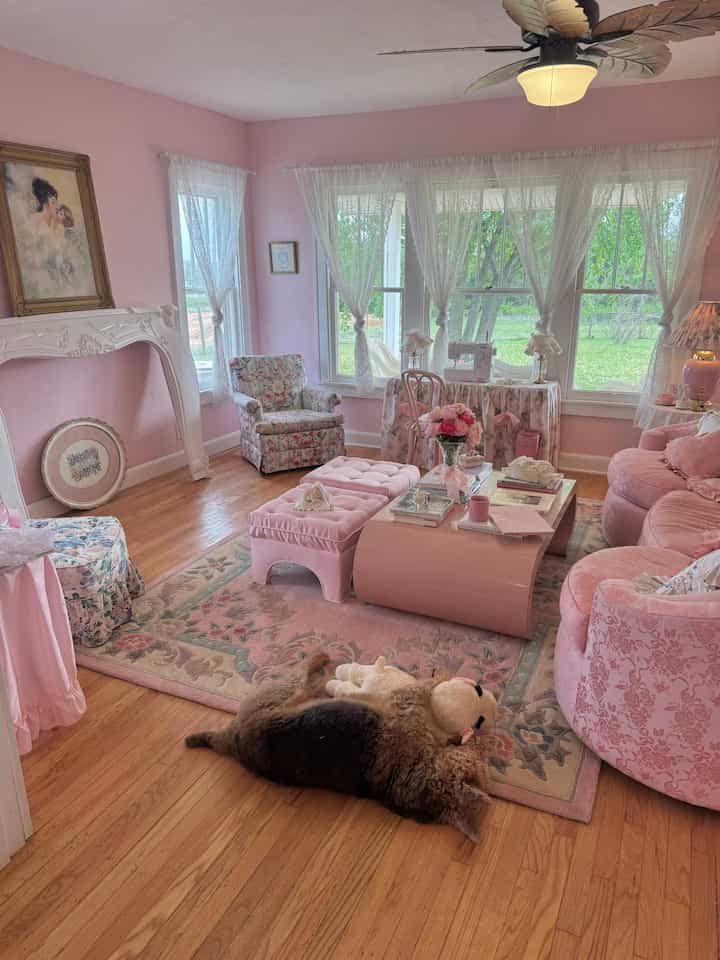 Soft pink shabby chic living room featuring floral armchairs and a pink coffee table in a cozy setting, with a dog lying on the wooden floor cuddling a lamb toy