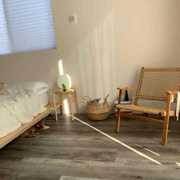 Natural tone bedroom space featuring wooden furniture and a baby dog creating a cozy atmosphere