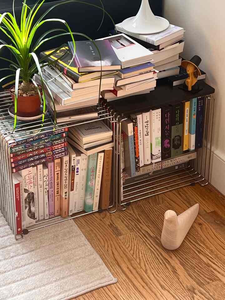 Natural tone studio apartment space with Montana wire cube bookshelves filled with books, plants, and decorative items creating a cozy reading area