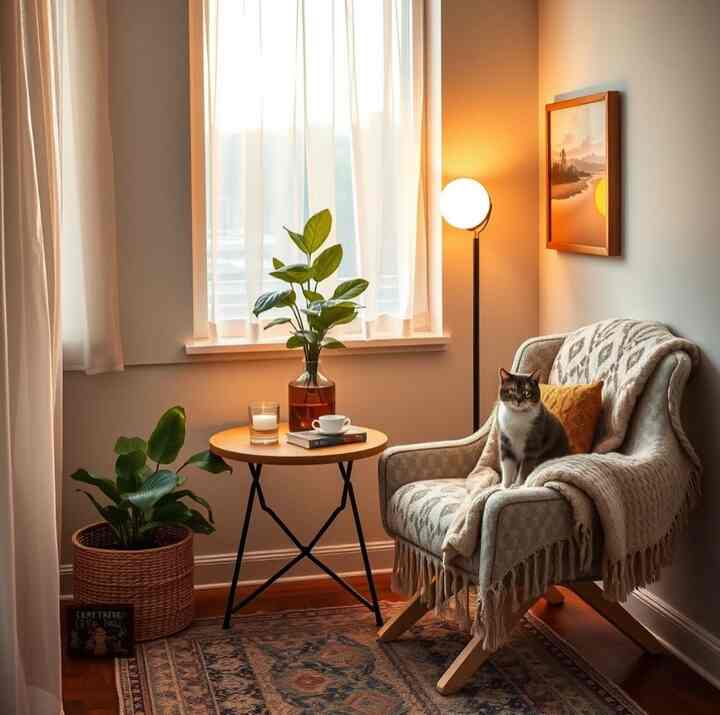 Warm beige-toned living room corner featuring an armchair, side table, and a cat in a peaceful relaxation space