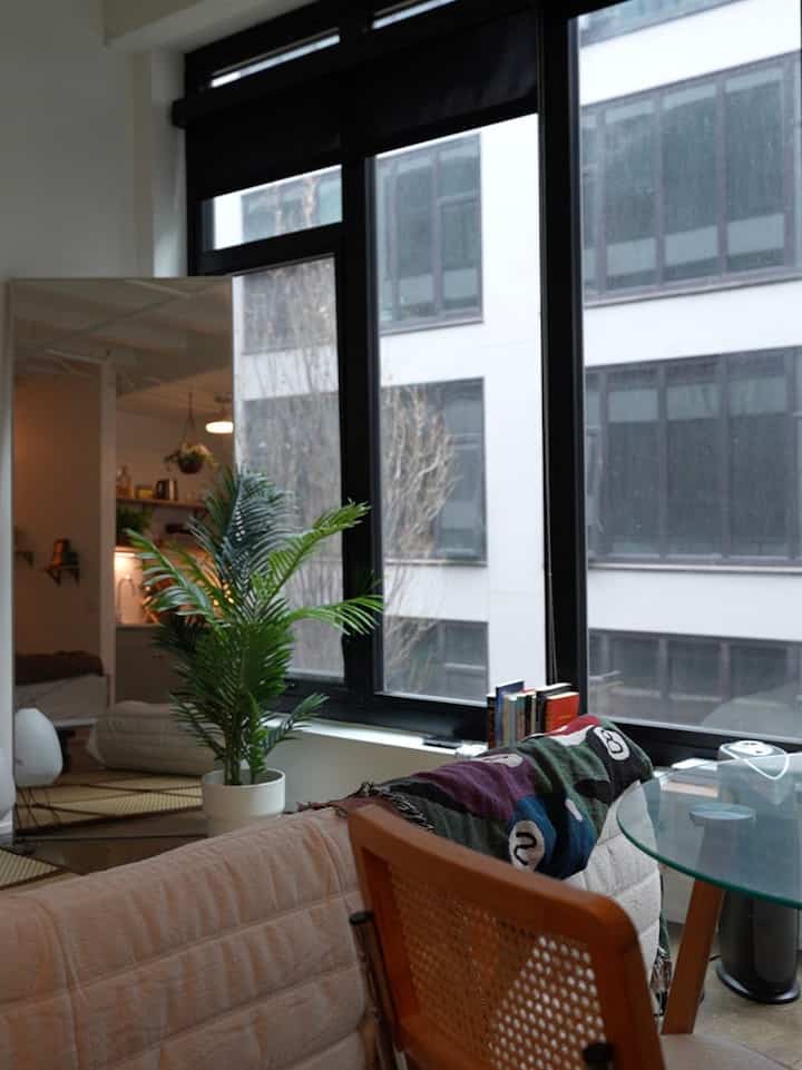 Natural modern toned living room featuring mid-century modern rattan chair and large plant creating a cozy atmosphere