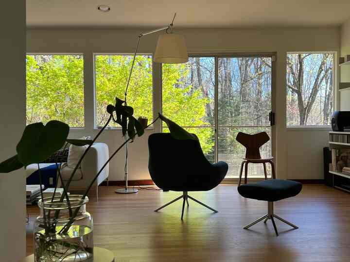 Green Maple in the morning 💚 #livingroomfurniture #livingroomdecor #livingroominterior #vitsoe #shelvingsystem #livingroomsofa #artemide #cozyhome