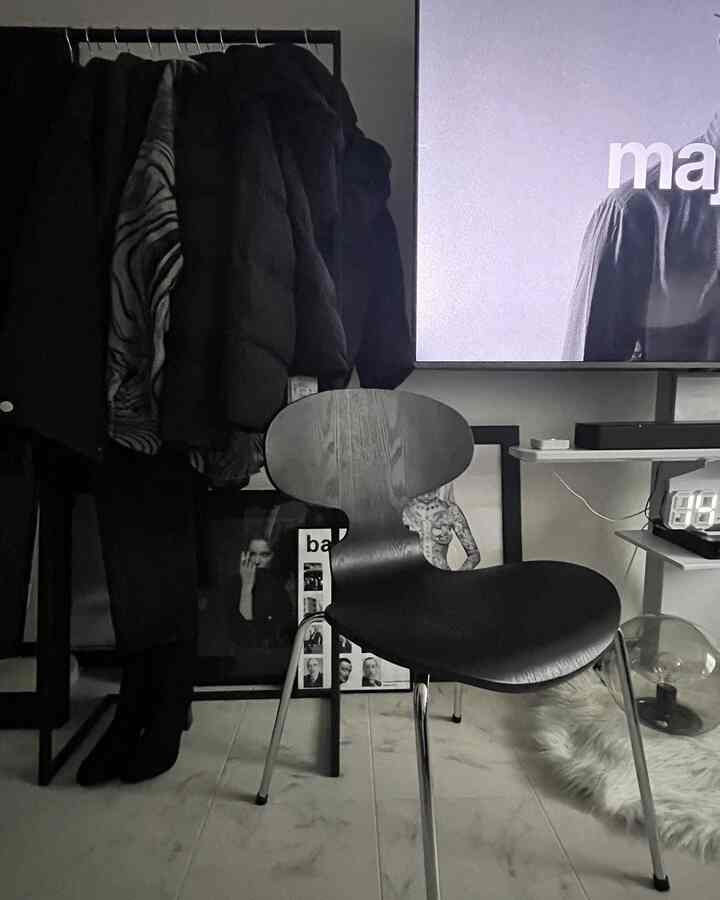 モノトーンの玄関スペース、シンプルなデザインのコートハンガーとダイニングチェアが配置された雰囲気のあるインテリア