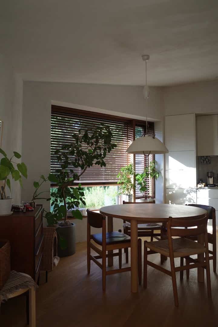 ナチュラルウッド調とグリーン植物が調和する、窓辺に植物を配置した温かみのあるダイニングスペース
