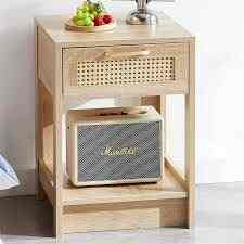 Natural Wood Rectangle MDF Rattan End Table 