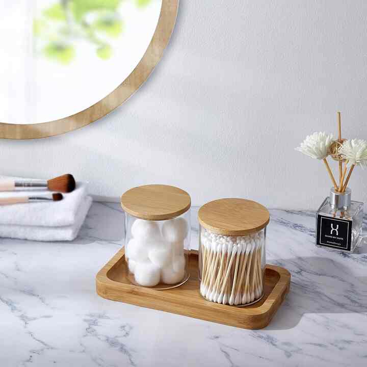 Glass Qtip Holder with Vanity Tray