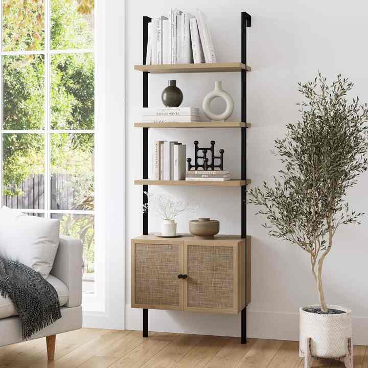 Ladder 3 tier Open Bookshelf with Rattan Drawers