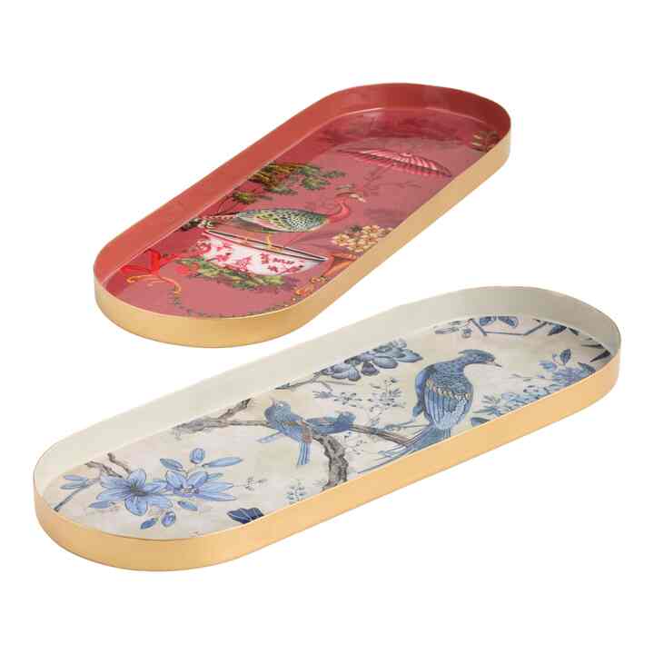 Oval Enameled Metal Chinoiserie Bird Decorative Vanity Tray