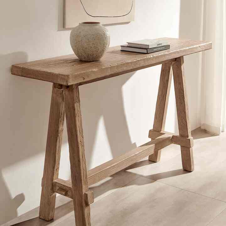 EM Wabi-Sabi Rustic Farmhouse Reclaimed Wood Sawhorse Console Table