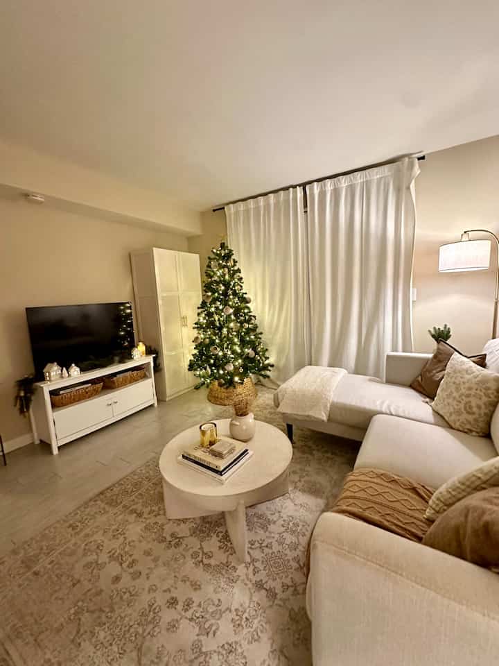 Cozy night time view #livingroom #cozy #neutraldecor #christmasdecor 