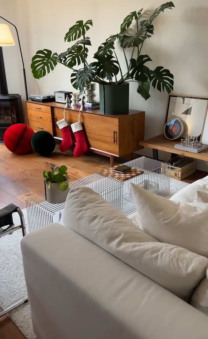 A white and brown toned living room featuring a Mid-Century Modern media console and large plant creating a cozy atmosphere