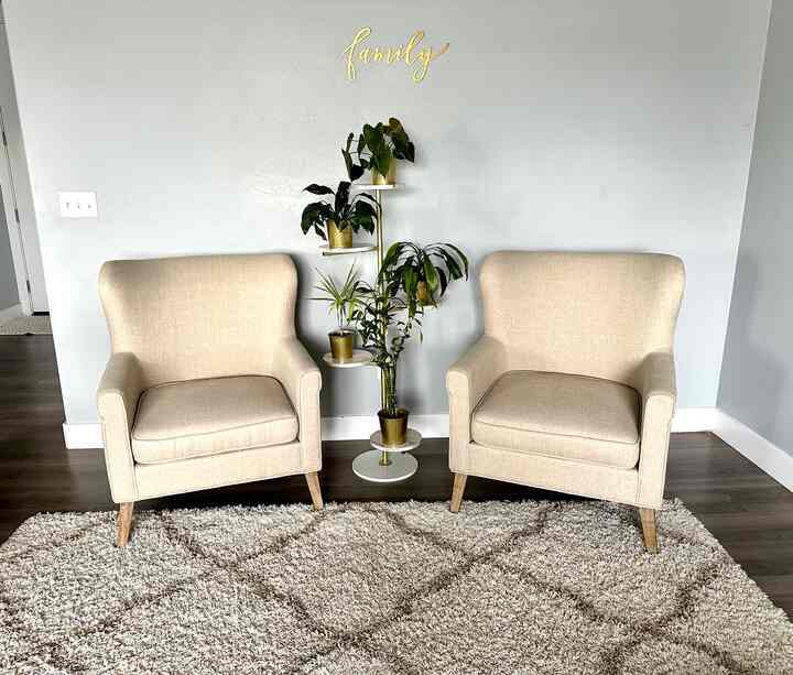 #accentchair #plantstand #walldecor #geometricrug #livingroom 