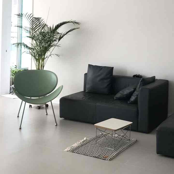 Modern and simple living room featuring a black modular sofa, green chair, and a plant creating a fresh atmosphere