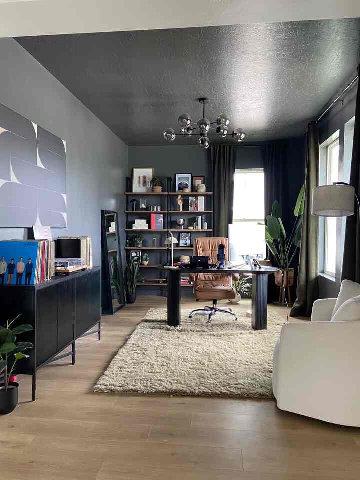 Modern home office with wood-tone flooring and black walls, featuring a leather chair, desk, bookshelves, and multiple plants