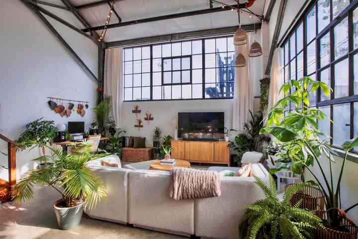 Bright white and wood-tone living room with large windows and abundant plants in a natural modern style