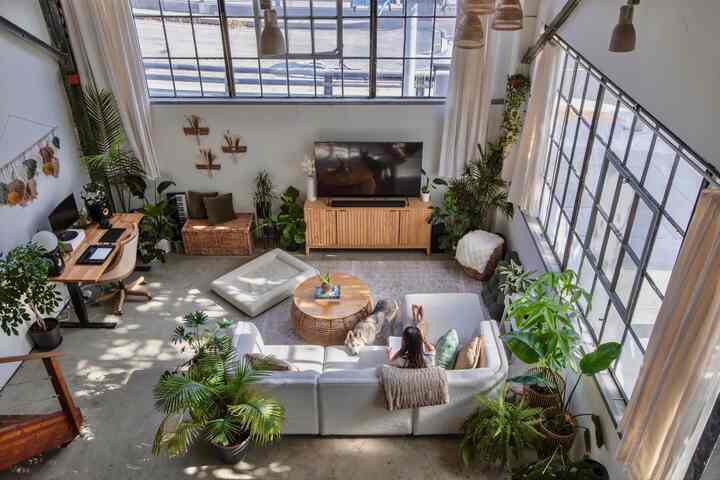 Bright loft living room with white and wood tones, large windows lighting plants and a cozy dog resting on a plush sectional sofa, natural feel