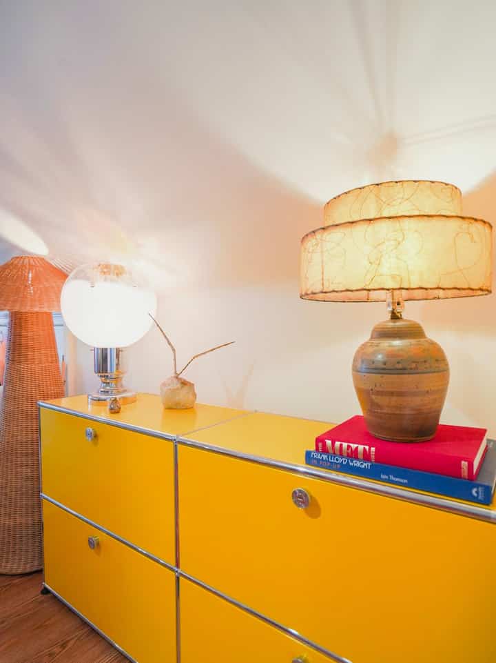 Storage for all of my extra stuff, but also more surface area for all of my lamps! I love ambient lighting #postmodern #eclectic #transitional