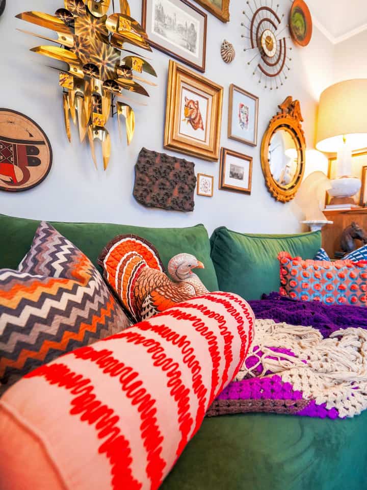 My sofa/relaxing spot in my eclectic home office! #greensofa #gallerywall