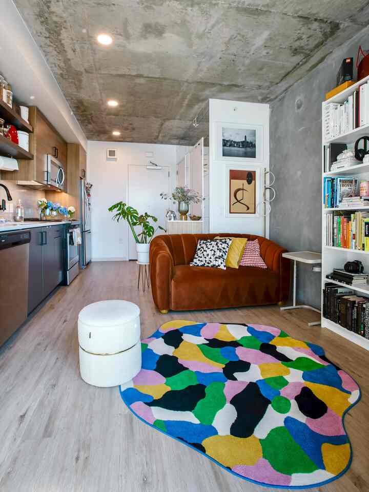 Studio apartment living room with bright wood flooring and concrete ceiling featuring brown sofa and vibrant colorful rug in a simple modern setting