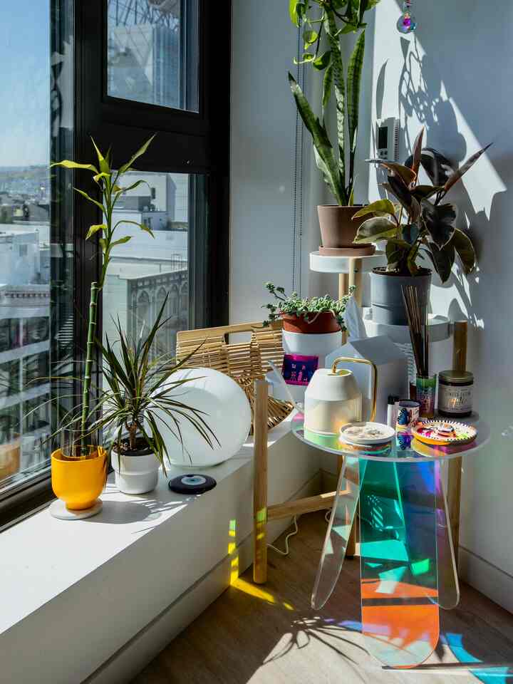 Modern balcony space with white and natural tones featuring diverse plants and a transparent side table under natural sunlight