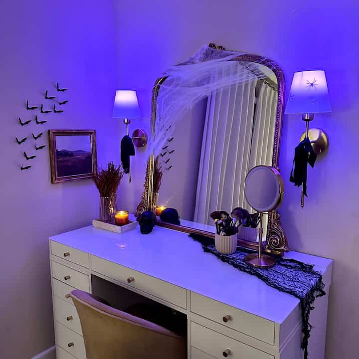 Decorated my makeup vanity for halloween 🧡 #halloweendecor #makeupvanity #vanity #falldecor #spookydecor