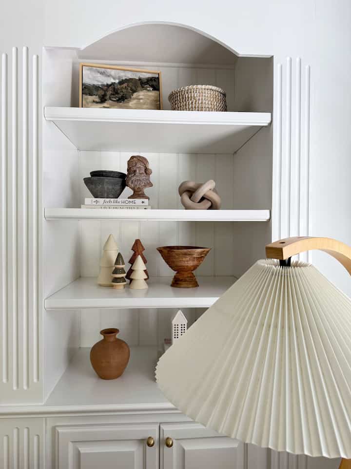 Christmas Shelf decor. #santabust #ceramictrees #christmasdecor #christmasstyling