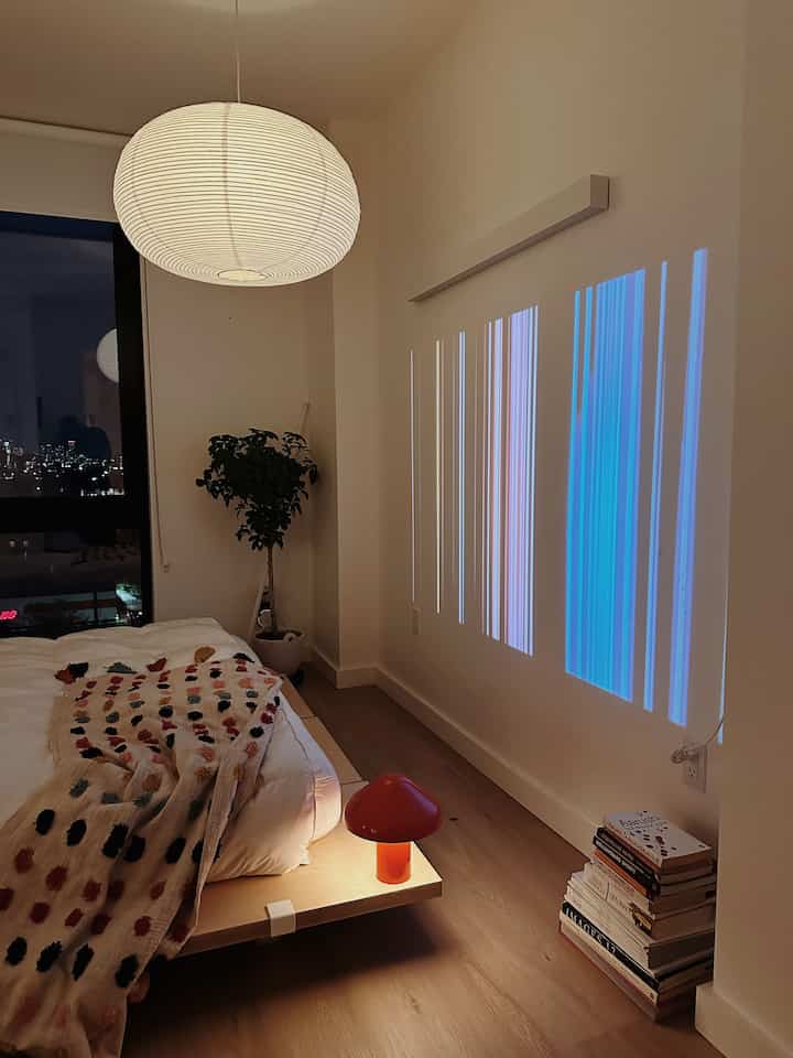 my japandi/scandinavian bedroom — this projector is such a vibe #cozy #vibey