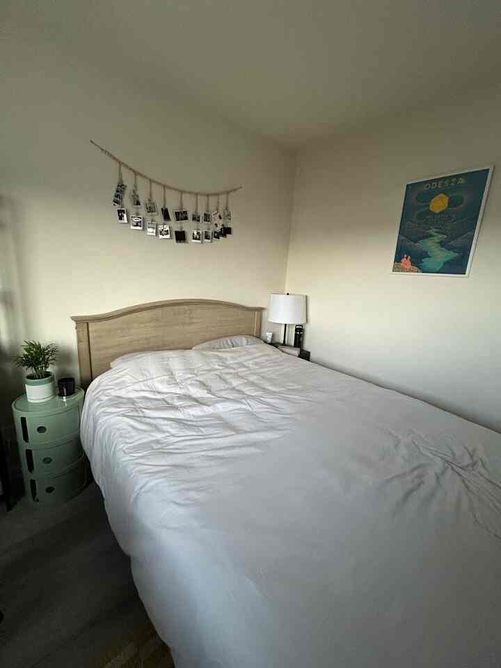 A wide shot to show how the nightstand fits in my bedroom - so cute, modern and functional! 💕 #roundnightstandstorage