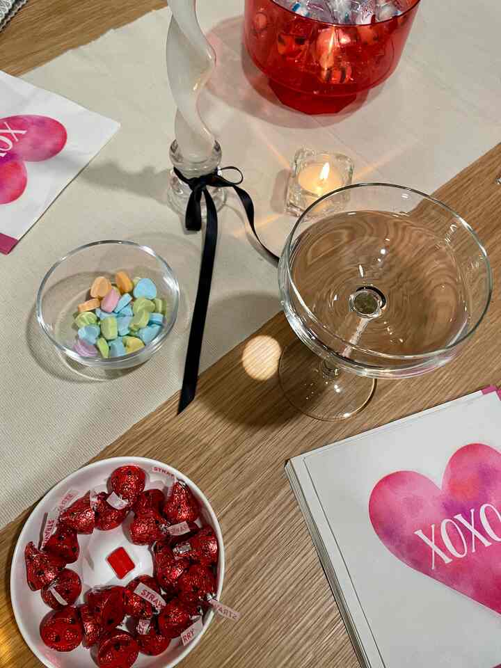 A sweets and bevi setup for galentine’s day #valentinesday #valentinesdecor #galentinesday #hearts