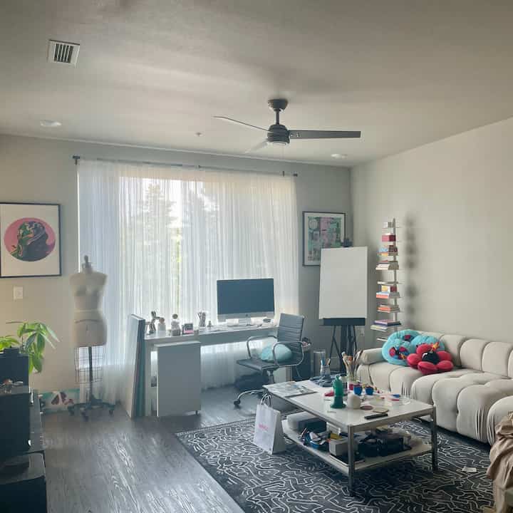 <span data-sheets-root="1" style="color: rgb(0, 0, 0); letter-spacing: normal; font-size: 10pt; font-family: Arial;">Used my living room as a multipurpose space! A place to entertain and also a place for work and creativity. #wfh #livingspace #artist #homeoffice #multipurpose #curtains</span>