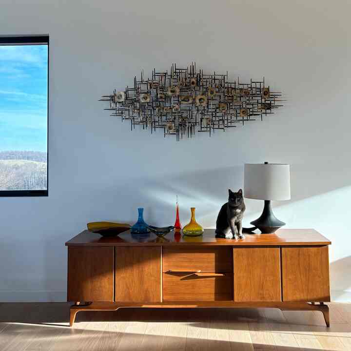 White-walled space with wood-tone cabinet, featuring abstract wall decor, a table lamp, and a cat, creating elegant interior ambiance