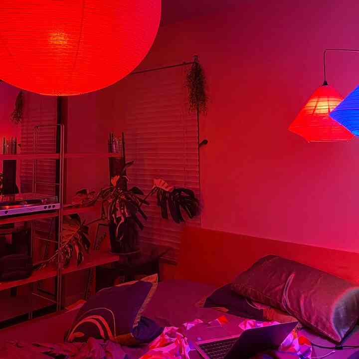 A bedroom featuring red and blue lighting with Japandi vibe, cluttered but cozy and lively atmosphere.