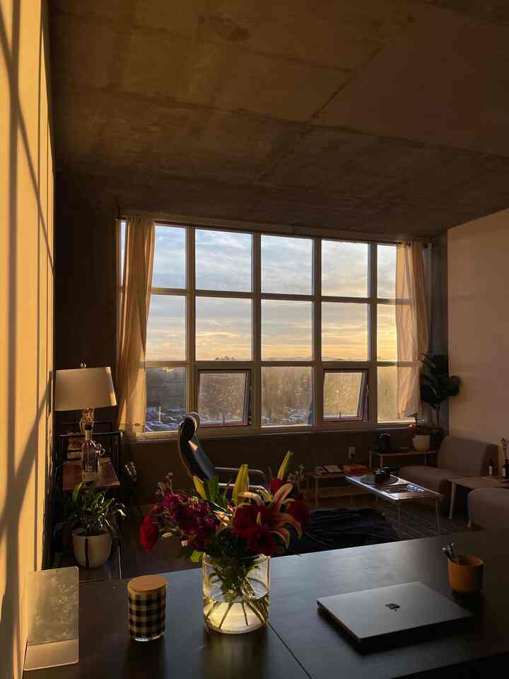 Natural modern living room bathed in warm sunlight, featuring large windows and simple furniture in a cozy atmosphere