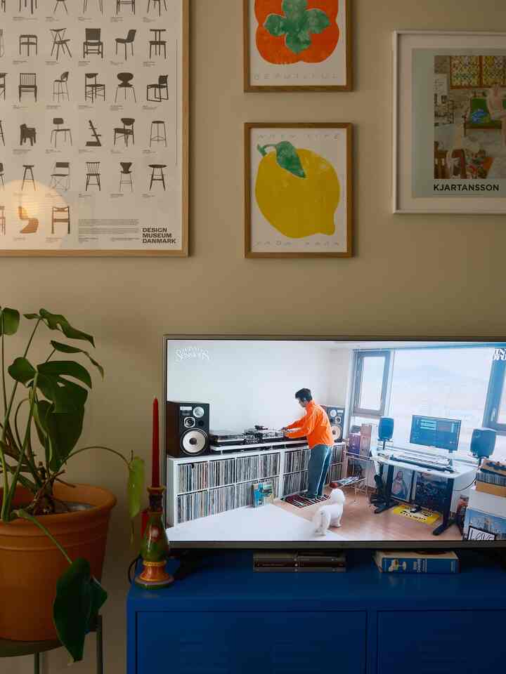 A living room with beige-toned walls adorned with posters, featuring a blue TV stand and a large plant pot in front