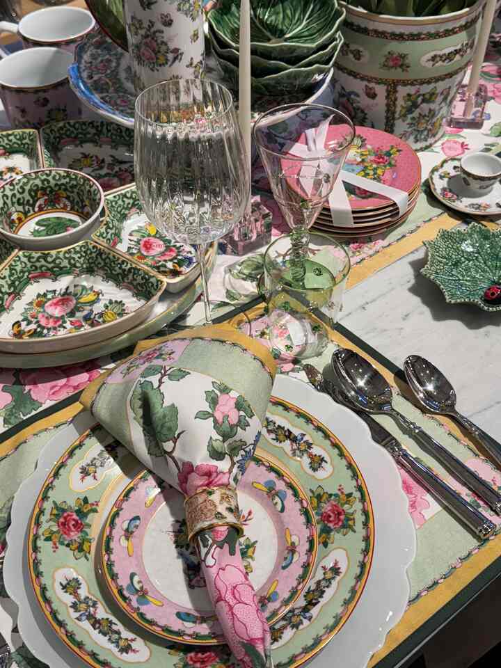 Pink and light green floral traditional Chinese porcelain style tableware set displayed with festive charm