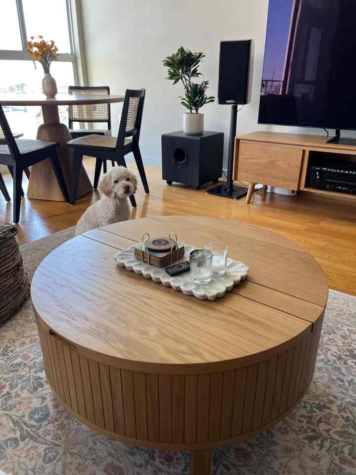 Wood-toned living room with white walls, featuring a round coffee table and a small dog, mid-century furniture creating a natural ambiance