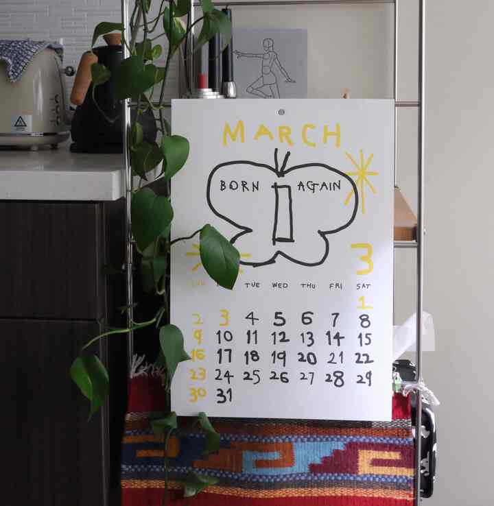 White and brown toned kitchen space featuring a poster on wall and a hanging plant with clean, cozy atmosphere