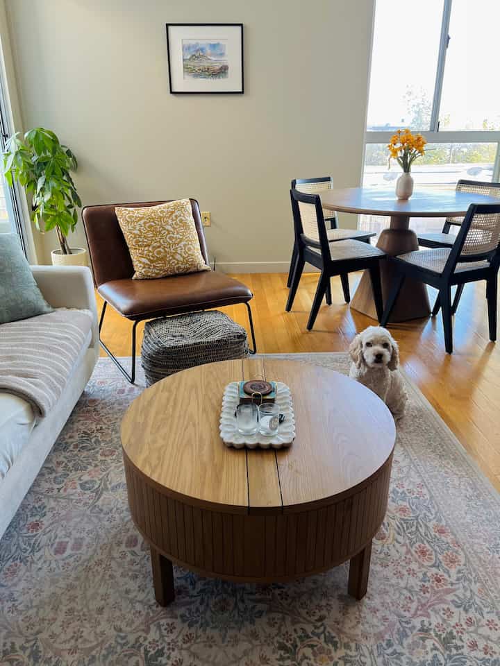 Mid-century furniture with floral touches here & there, also featuring our cute little Daisy #midcentury #woodenfurniture #sunlight #losangeles #warmfeeling #leatherchair #whitesofa 
