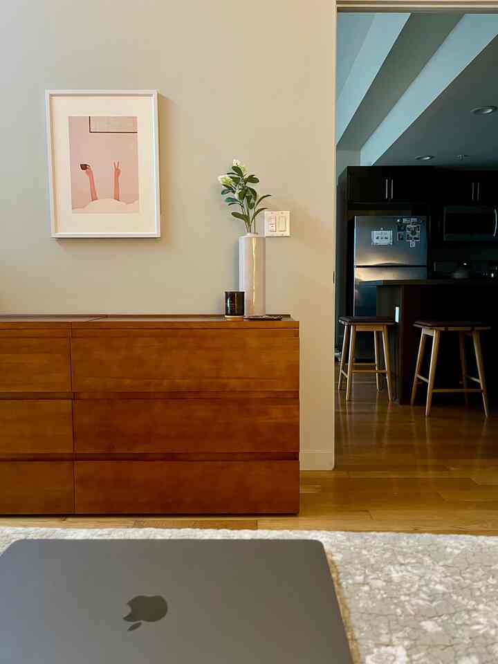 Cozy work-from-home day. One of few rainy days in Los Angeles ☔️ #cozybedroom #neutral #midcentury #woodenfurniture #cozy #warmfeeling #thuma 