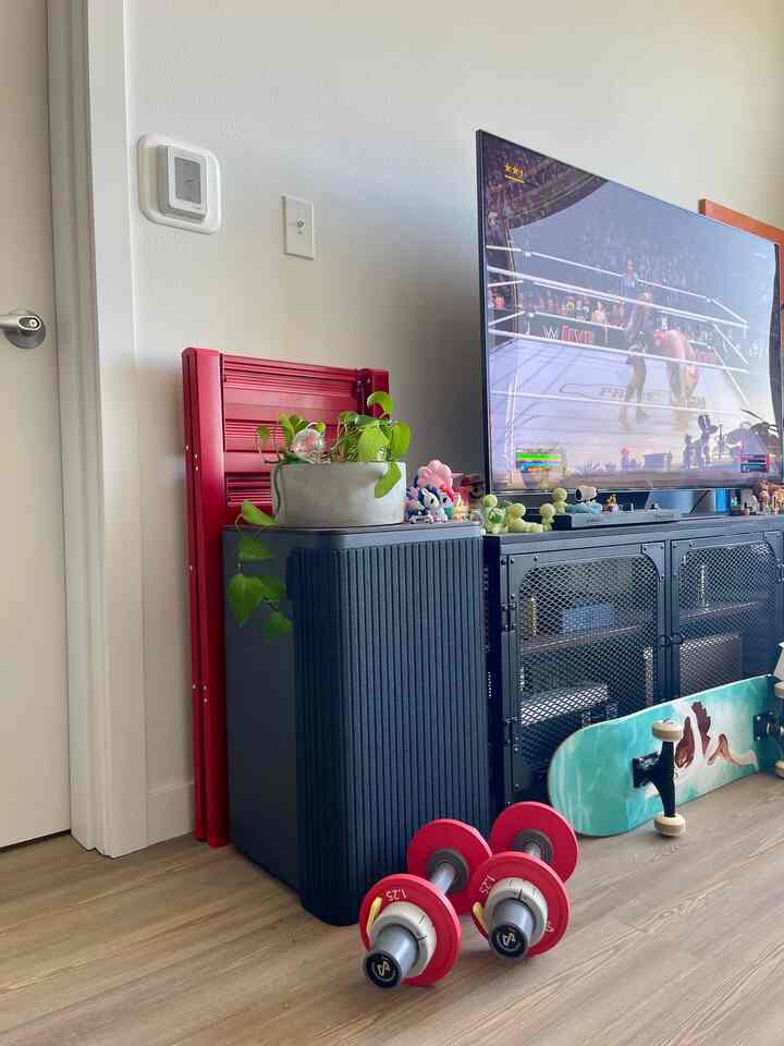 Love the pops of red and small hits of greenery in my living room #popofcolor #red #livingroom #entertainment