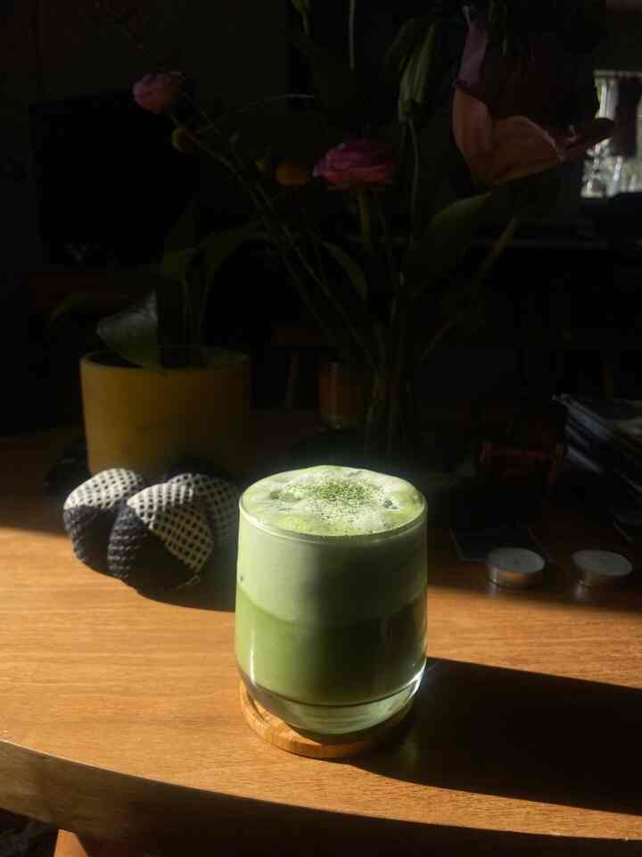 Made this beautiful matcha with a cream top!  #wood #dessert #coffeetable 