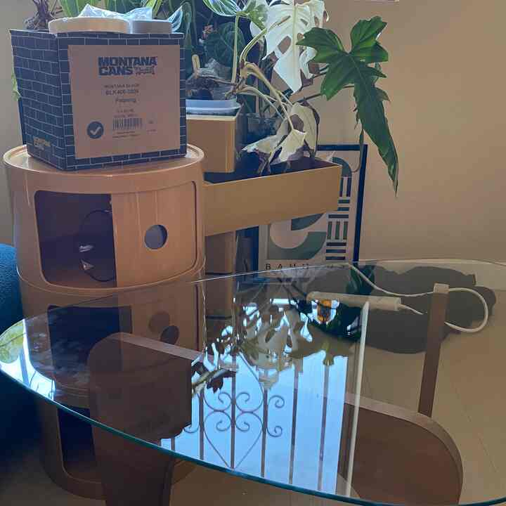Natural-toned living room featuring beige modular storage and glass-top table with assorted plants